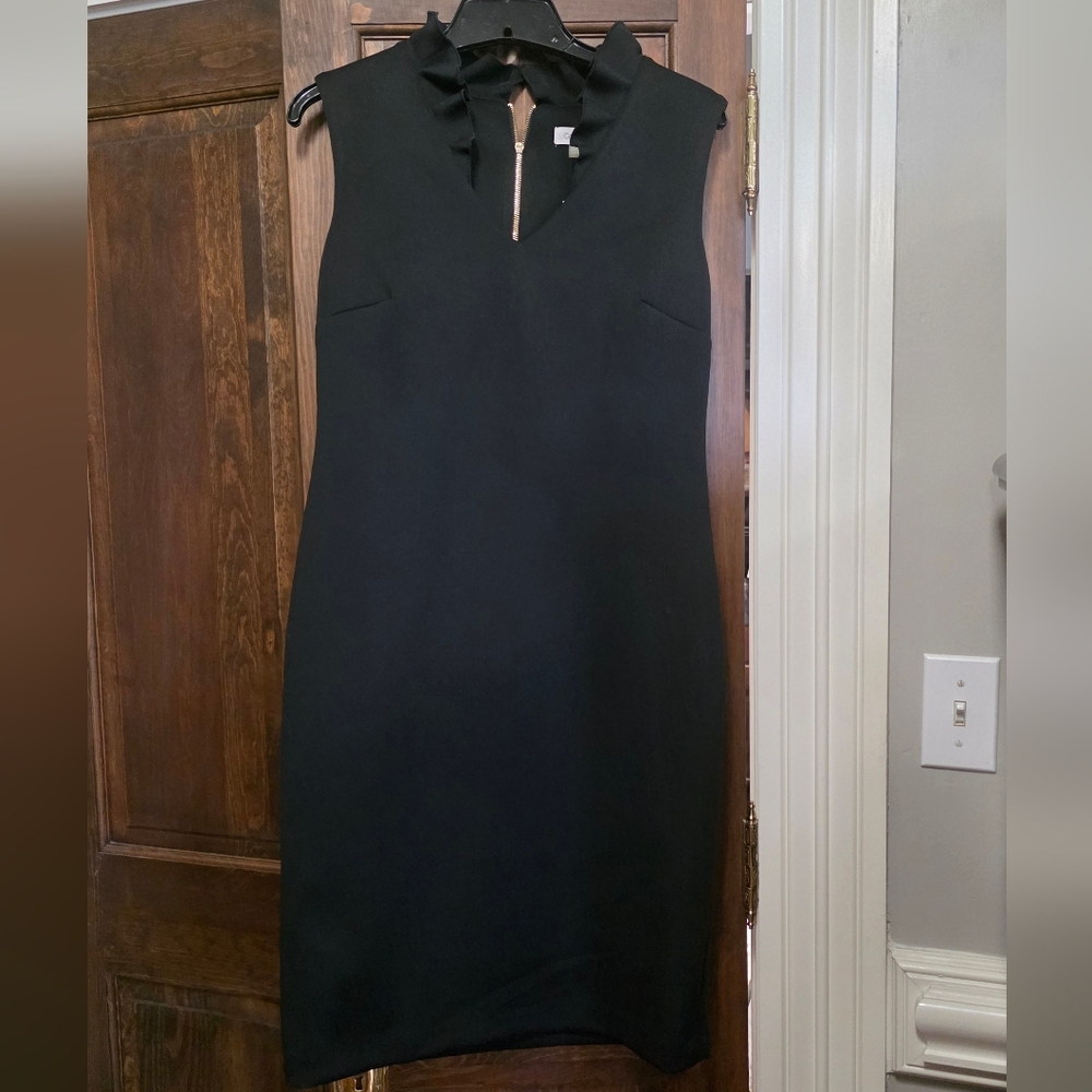 Calvin Klein Black Sleeveless Midi Sheath Dress with Zip Neck NWT